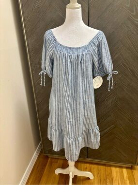 NAIF Light Blue & White Striped Off-Shoulder Midi Dress